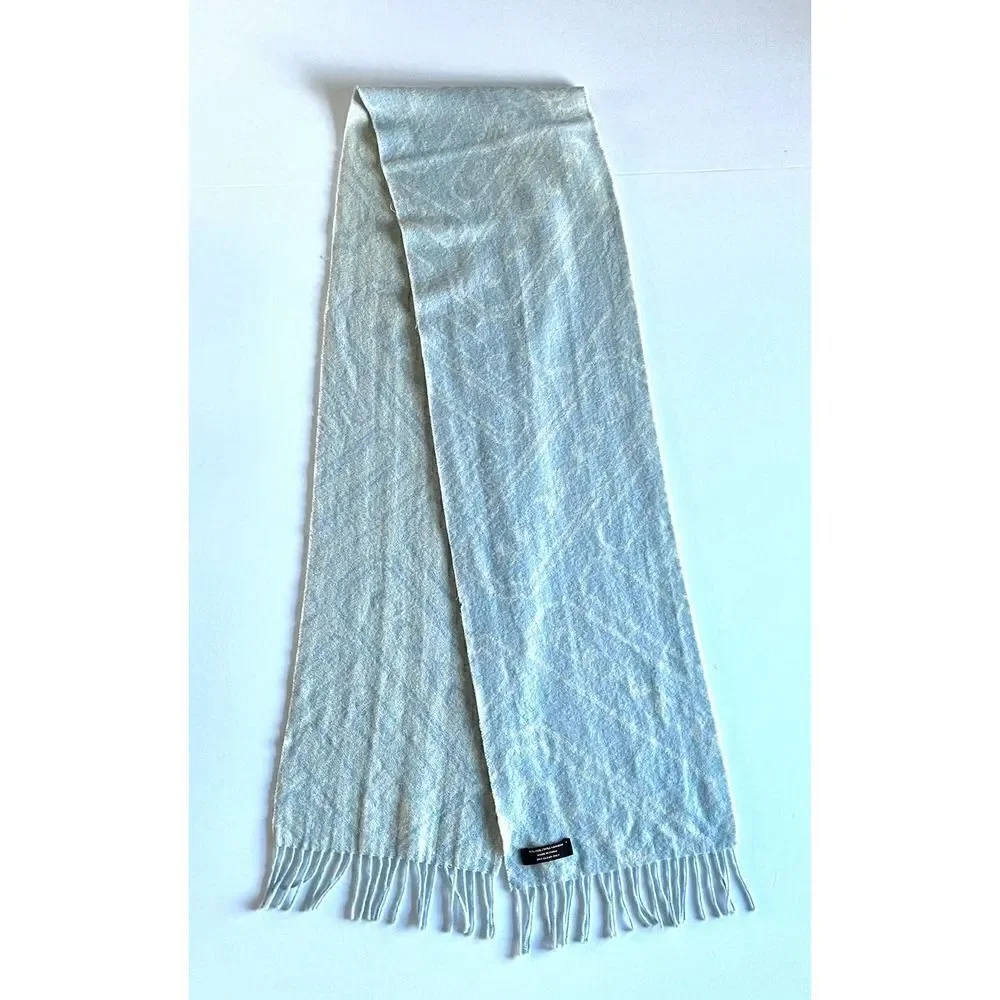 Coach Cashmere and Wool Logo Fringe Scarf Light Blue and Ivory Muffler Scarf